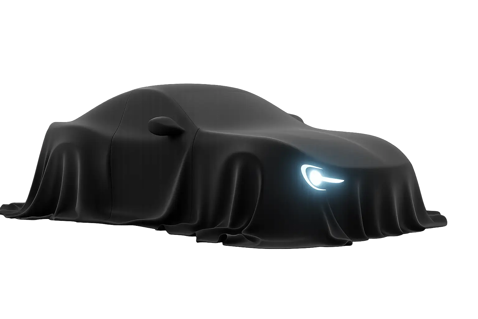car under cover Voiture recouverte d’un voile sombre avec un phare allumé, symbolisant l’attente, la sélection personnalisée et la recherche du véhicule idéal en leasing auto.