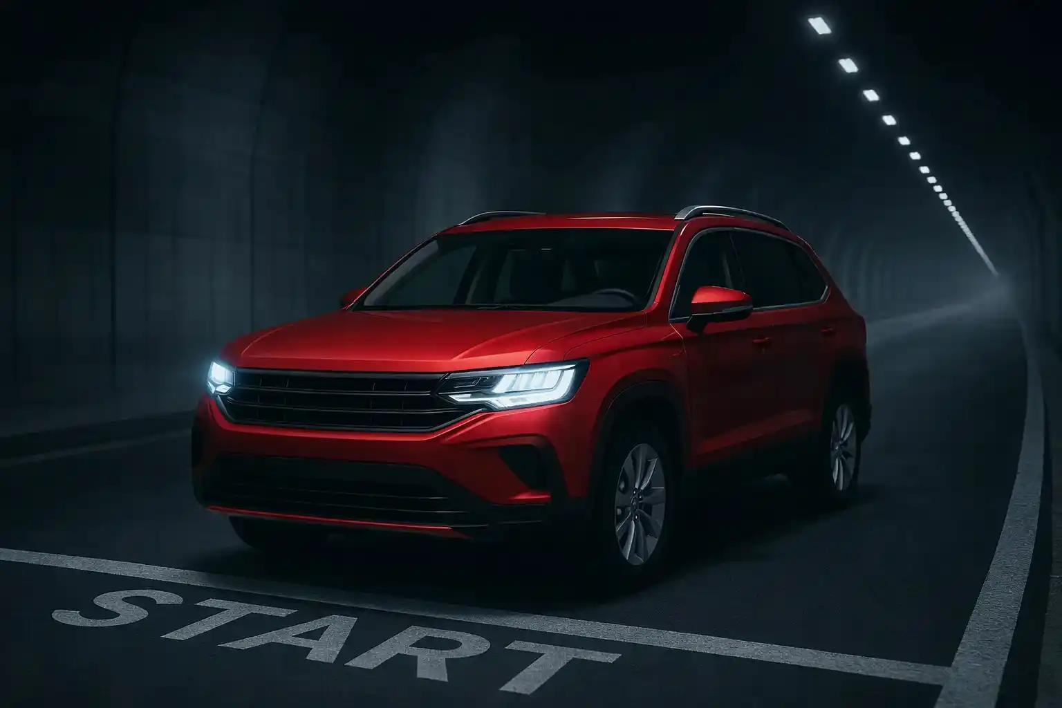 voiture rouge étape 1 SUV rouge en leasing entrant dans un tunnel, symbolisant le début du parcours client et la première étape de l’accompagnement automobile.