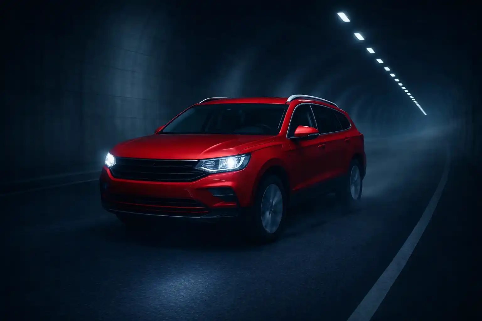 voiture rouge étape 2 Véhicule rouge en circulation dans un tunnel sombre, illustrant l’analyse des besoins et la recherche de la meilleure offre de leasing auto.