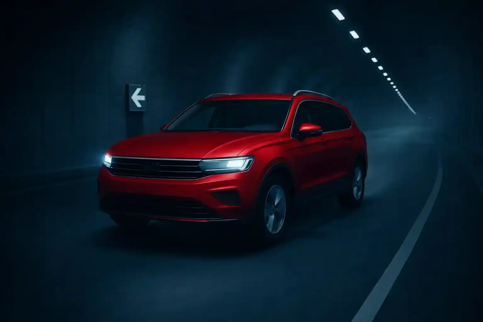 voiture rouge étape 3 SUV rouge avançant dans un tunnel, représentant la comparaison des offres et l’optimisation du prix pour un leasing automobile avantageux.