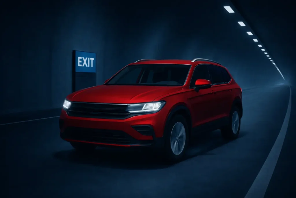 voiture rouge étape 4 Voiture rouge approchant de la sortie d’un tunnel, symbolisant la validation du contrat et la préparation à la livraison du véhicule en leasing.